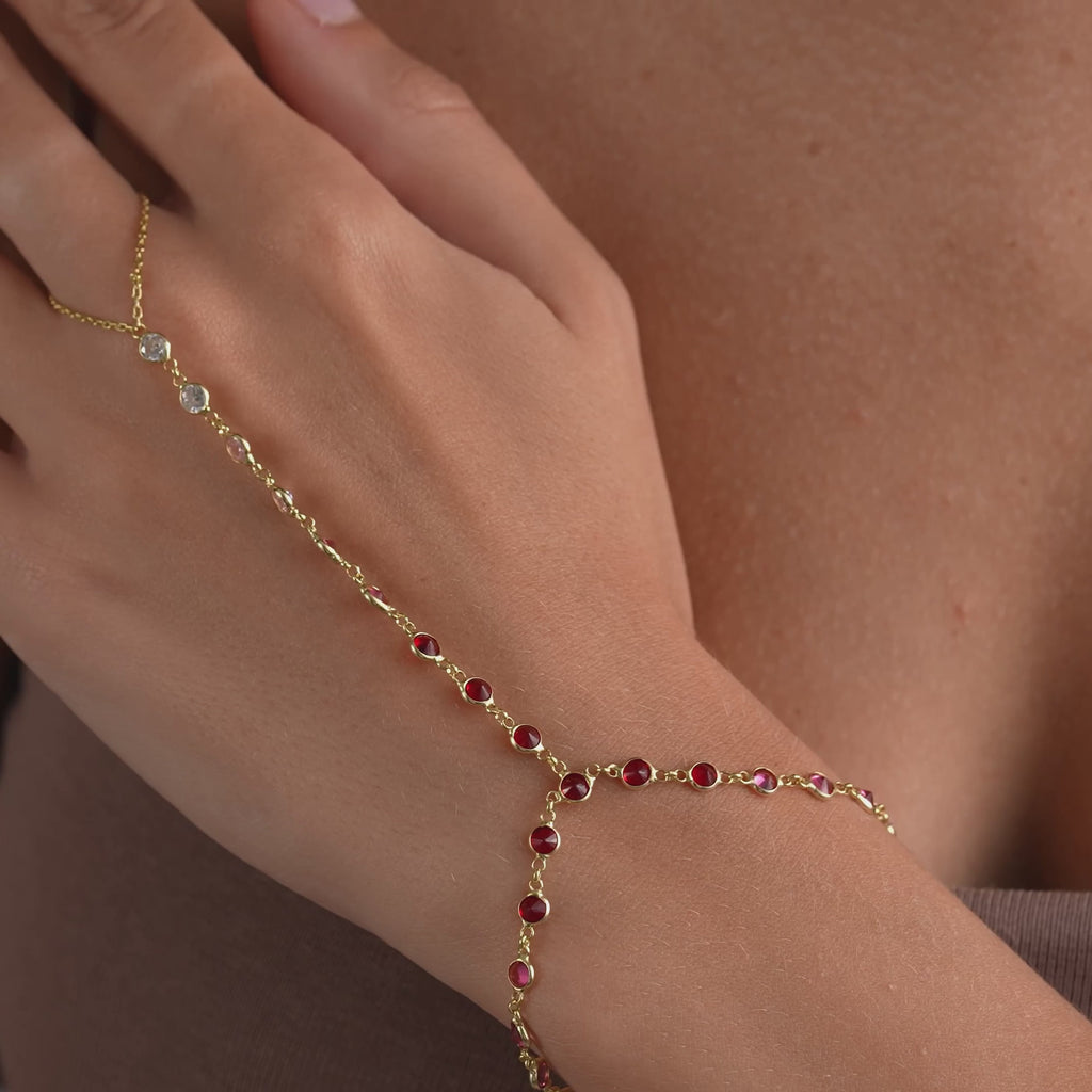 14K Gold Plated Hand Chain Bracelet, Ombre Red Color CZ Ring Bracelet, 925 Sterling Silver
