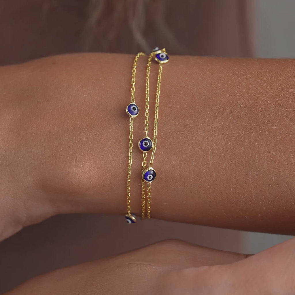 14K Gold Plated Navy Blue Evil Eye Chain Bracelet in 925 Sterling Silver