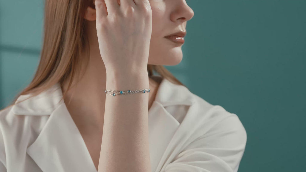 925 Sterling Silver Triple Layer Bracelet, Aquamarine Color CZ Station Bracelet