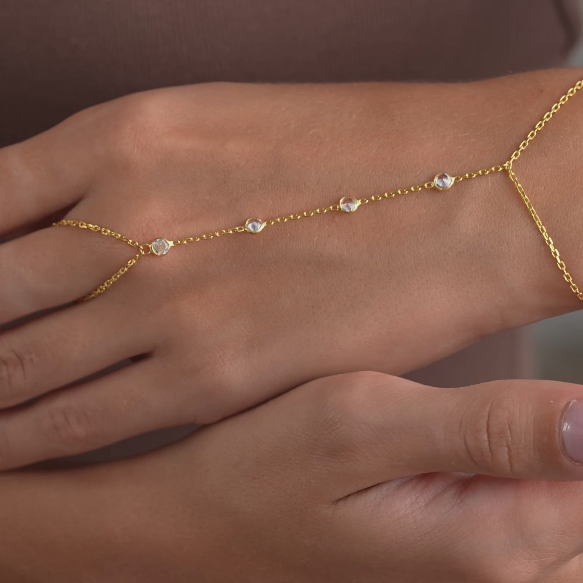 14K Gold Plated Hand Chain Bracelet, White Color CZ Ring Bracelet, 925 Sterling Silver