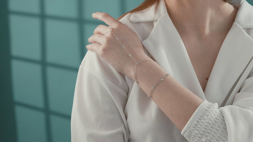 925 Sterling Silver Hand Chain Bracelet, White Color CZ Ring Bracelet