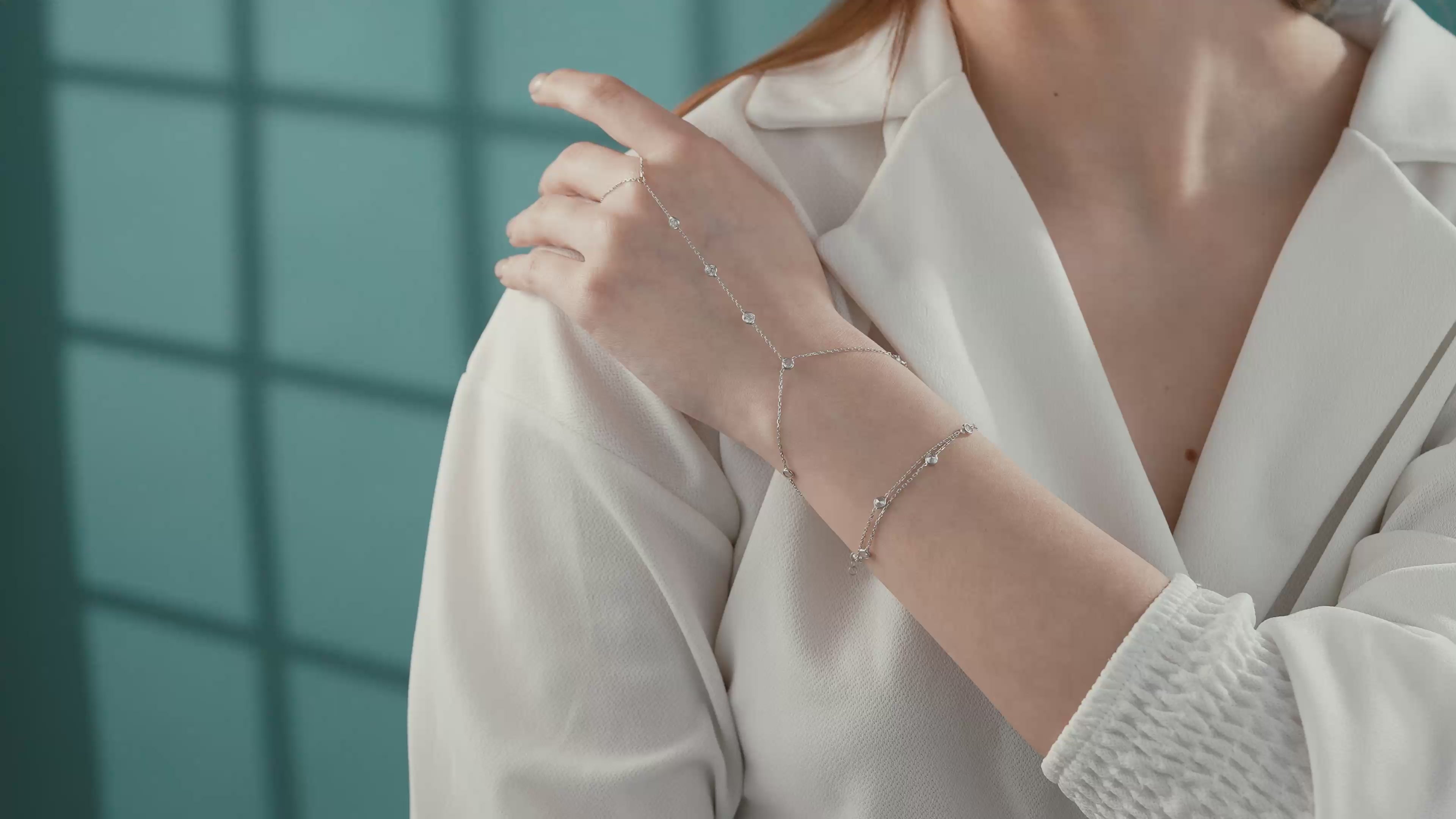925 Sterling Silver Hand Chain Bracelet, White Color CZ Ring Bracelet