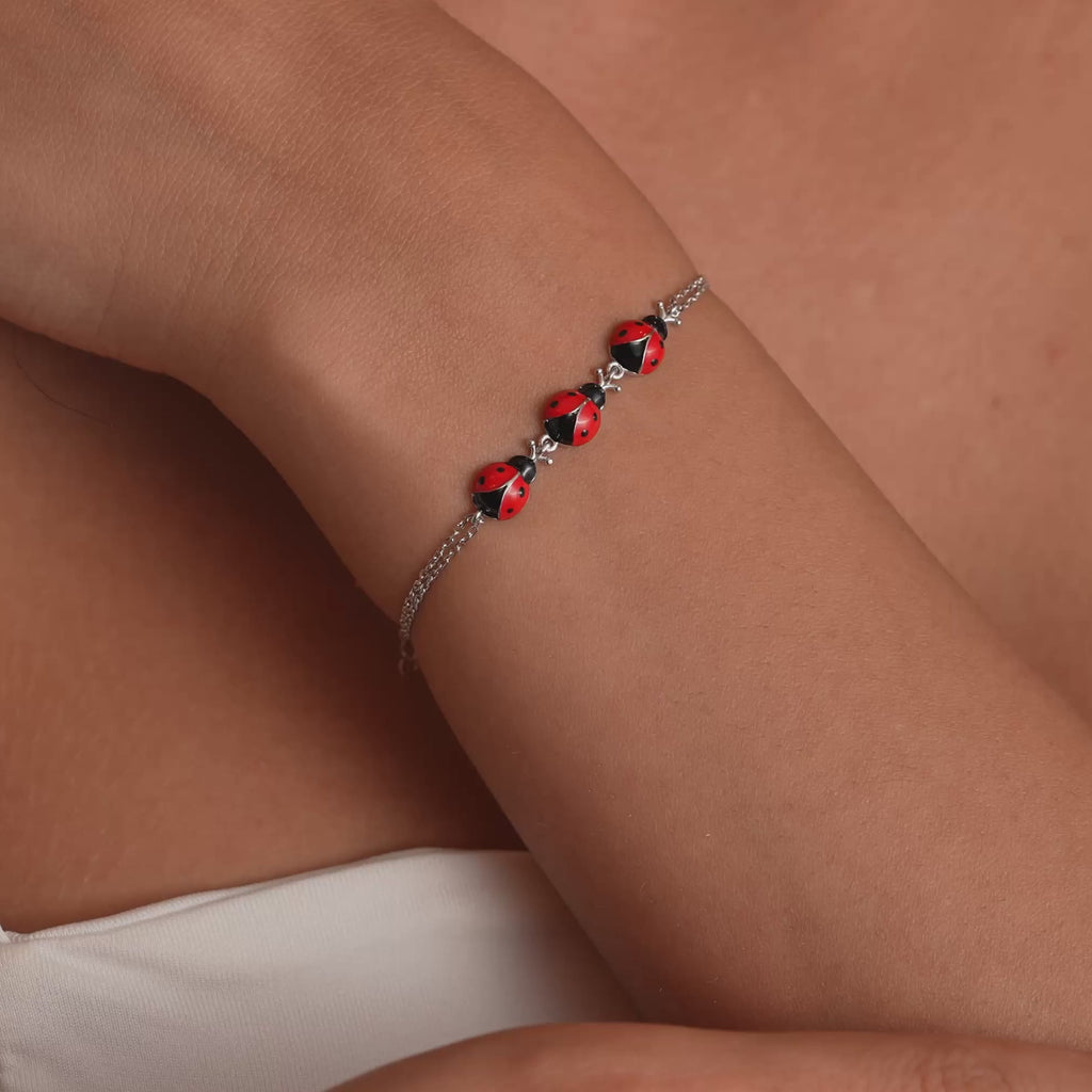 14K Gold Plated Ladybug Bracelet, Enamel Ladybug Charm Bracelet, 925 Sterling Silver