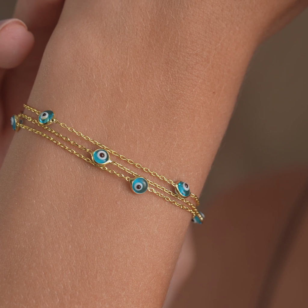 14K Gold Plated Evil Eye Bracelet, Double Layer Nazar Bracelet, 925 Sterling Silver