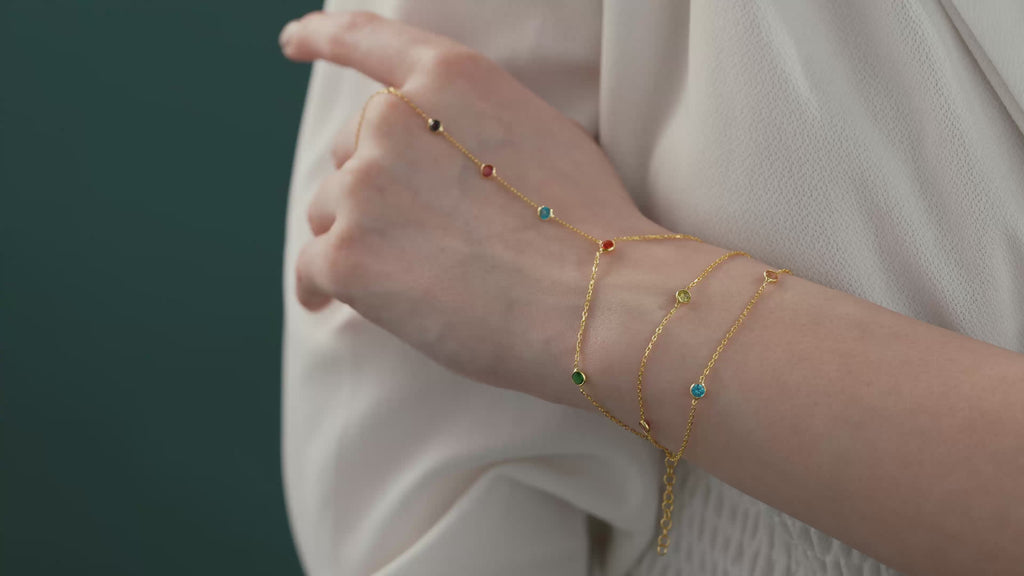 14K Gold Plated Hand Chain Bracelet, Multi Color Cubic Zirconia Ring Bracelet, 925 Sterling Silver