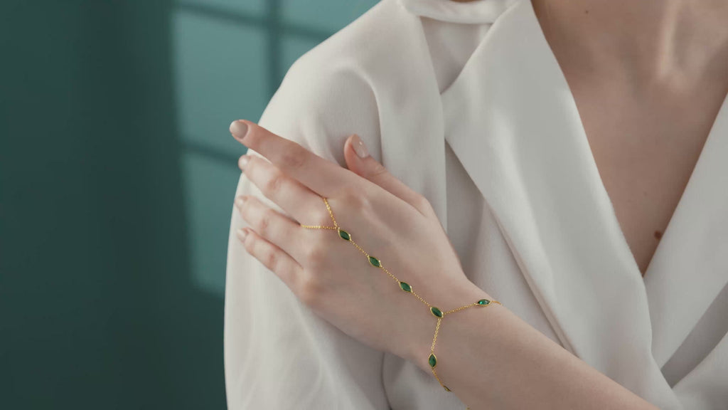 18K Gold Plated Emerald Green CZ Hand Chain Bracelet – 925 Sterling Silver
