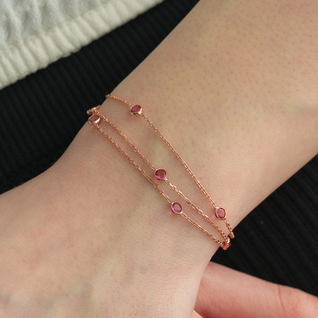 Rose Gold Plated Ruby Red CZ Triple Layer Bracelet – 925 Sterling Silver