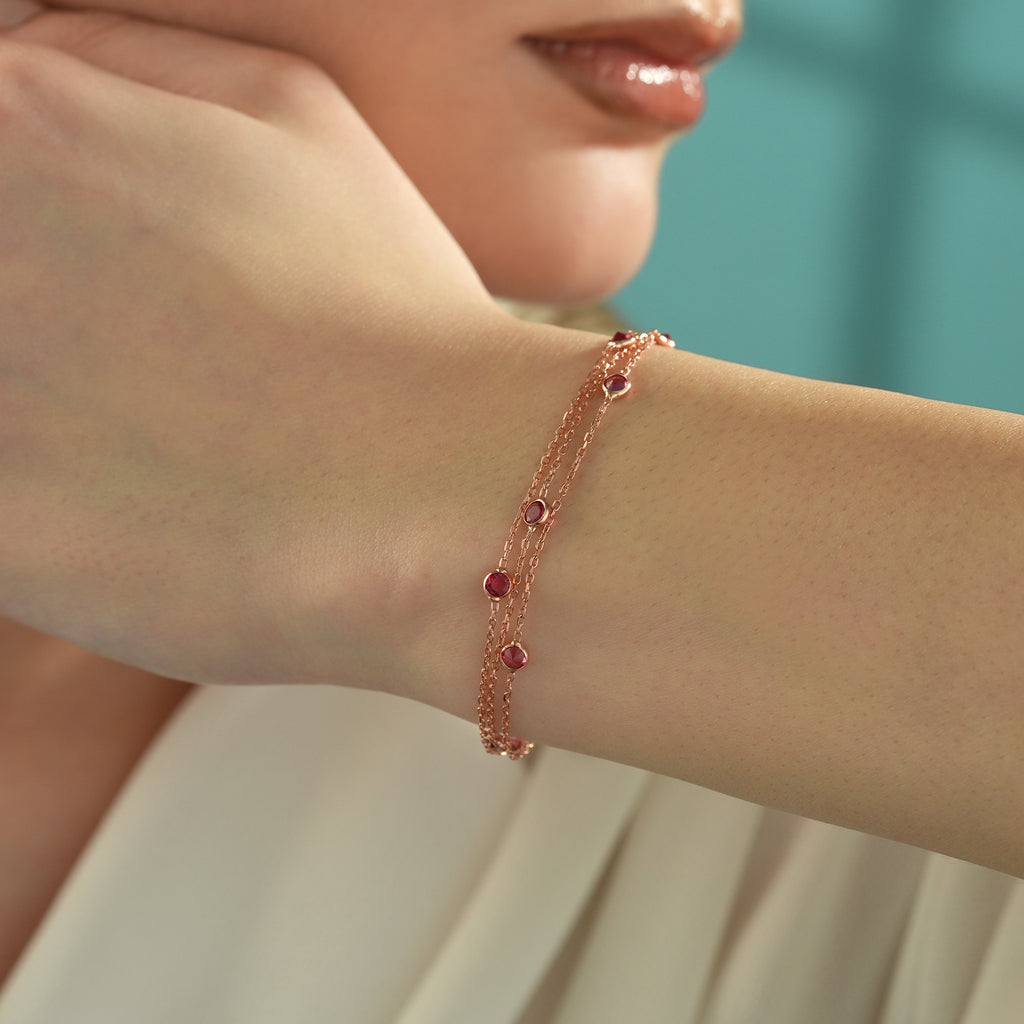 Rose Gold Plated Ruby Red CZ Triple Layer Bracelet – 925 Sterling Silver
