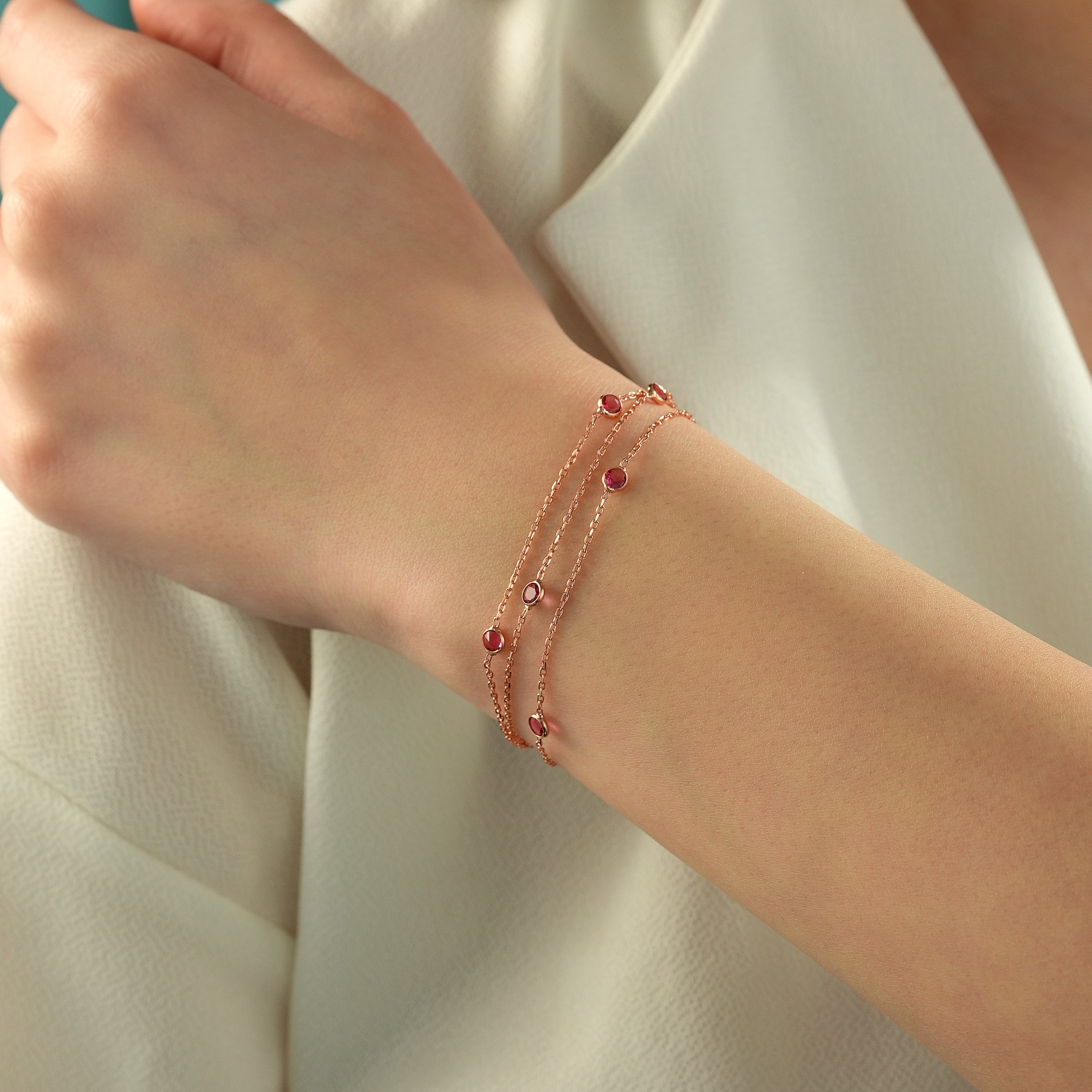 Rose Gold Plated Ruby Red CZ Triple Layer Bracelet – 925 Sterling Silver