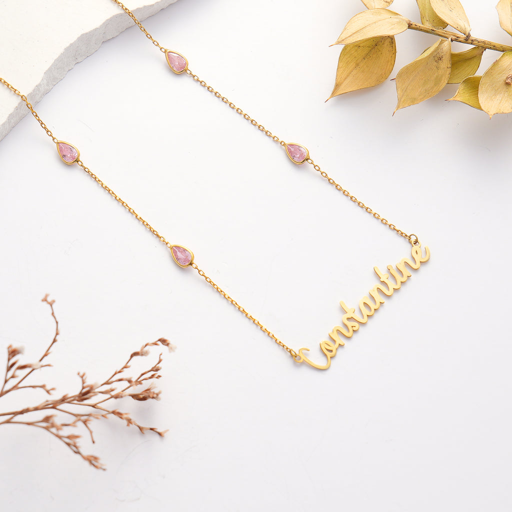 14K Gold Plated Custom Name Necklace, Personalized Script Necklace with Emerald Color CZ, 925 Sterling Silver