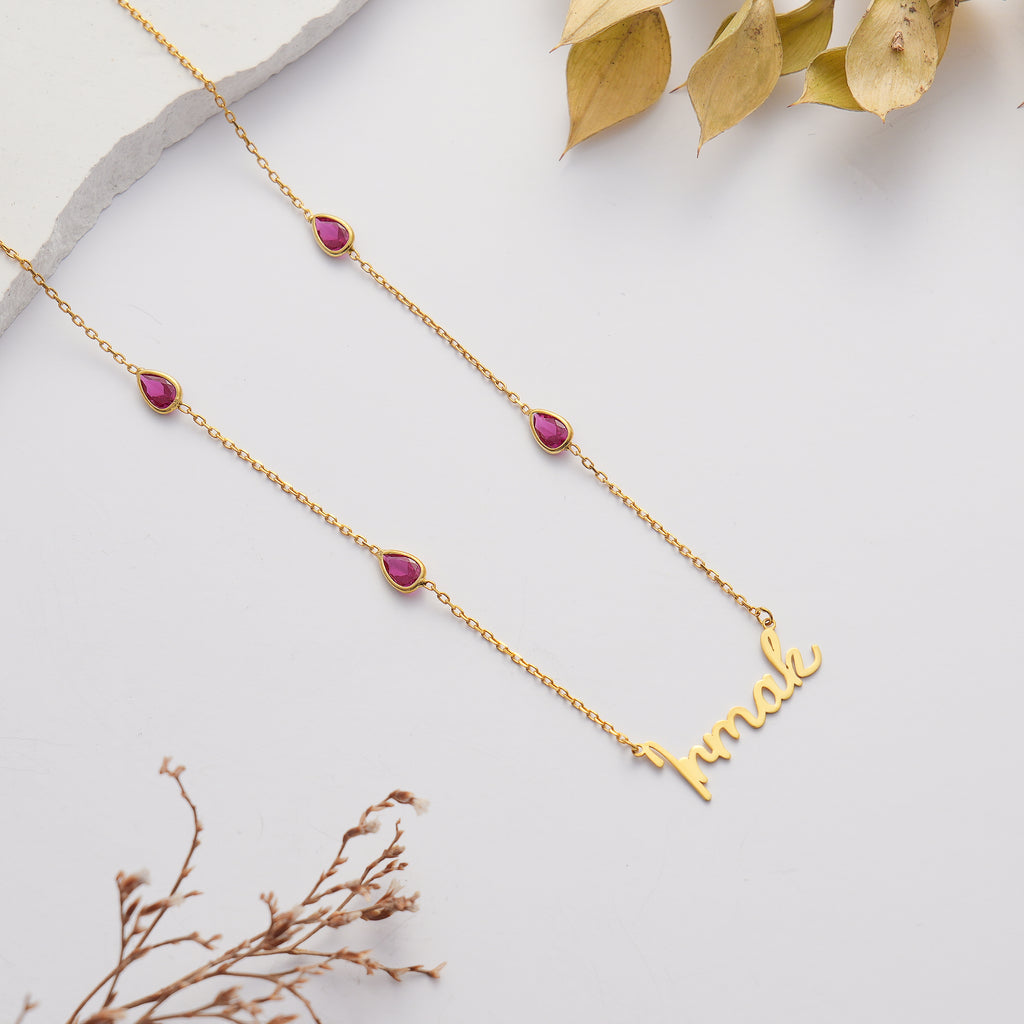 14K Gold Plated Custom Name Necklace, Personalized Script Necklace with Emerald Color CZ, 925 Sterling Silver