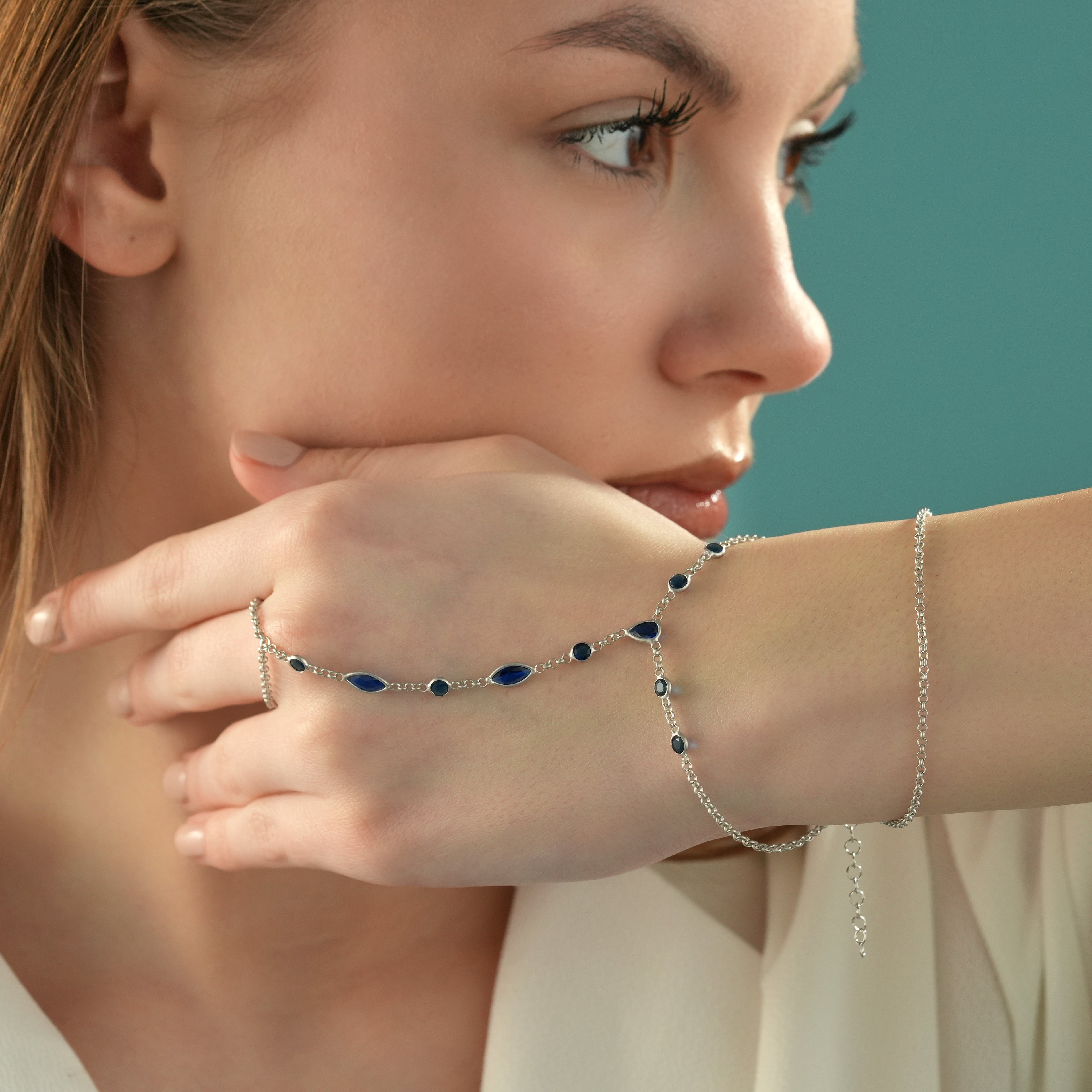 Sapphire Blue CZ Mixed Shape Hand Chain Bracelet – 925 Sterling Silver