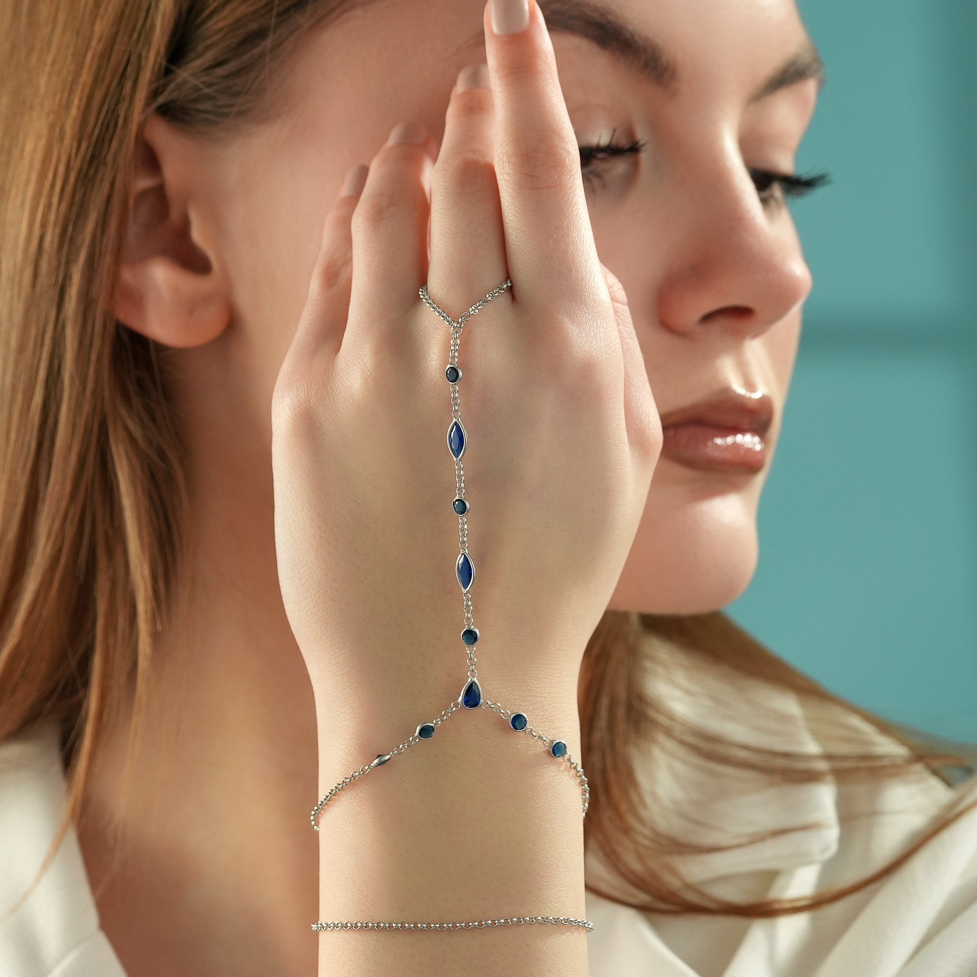 Sapphire Blue CZ Mixed Shape Hand Chain Bracelet – 925 Sterling Silver