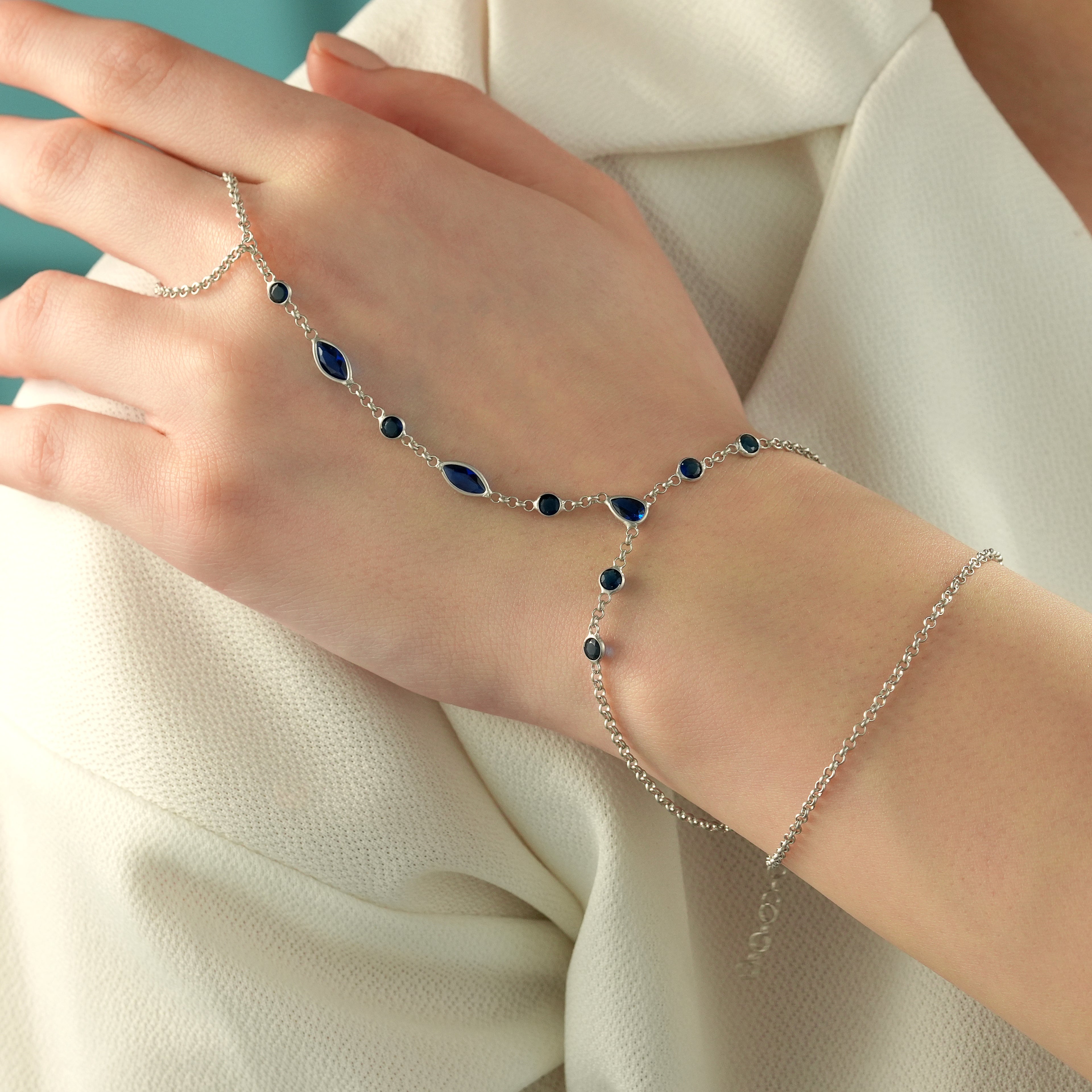Sapphire Blue CZ Mixed Shape Hand Chain Bracelet – 925 Sterling Silver