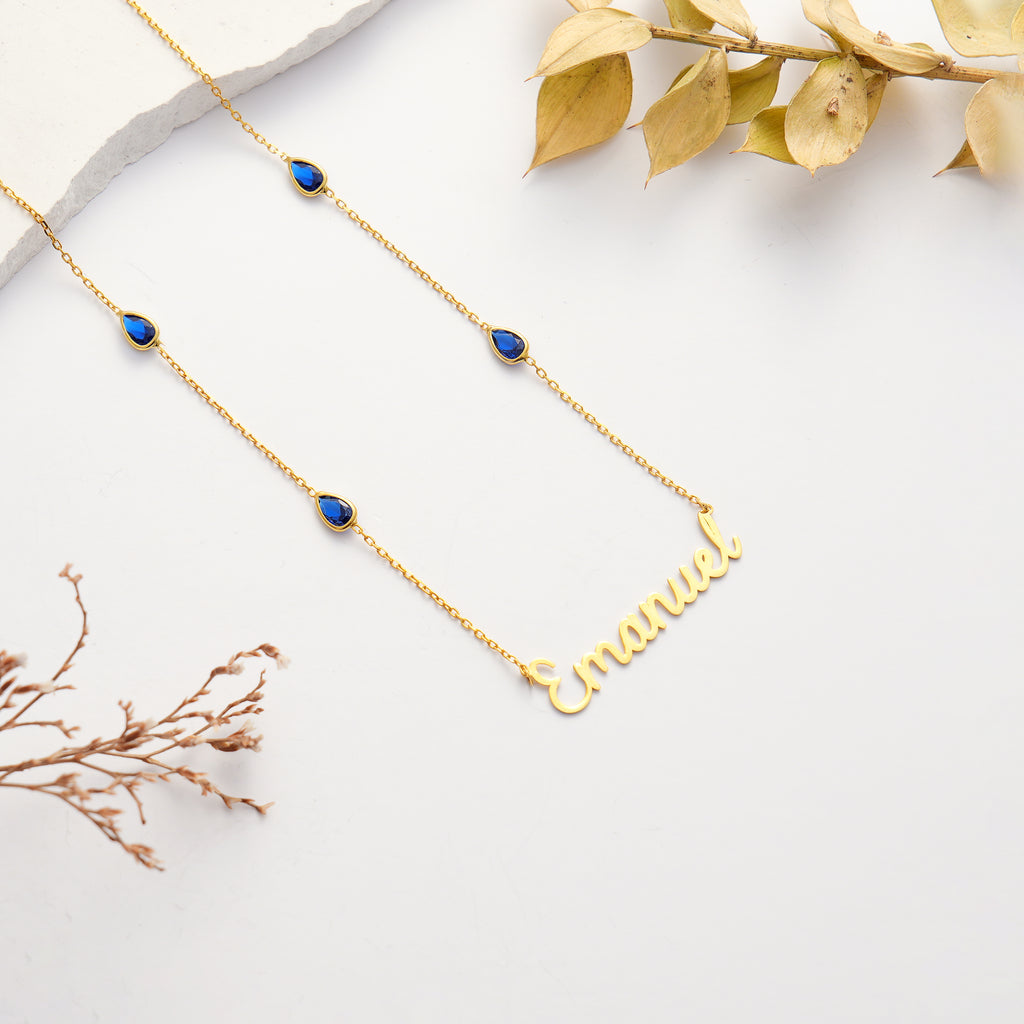 14K Gold Plated Custom Name Necklace, Personalized Script Necklace with Emerald Color CZ, 925 Sterling Silver