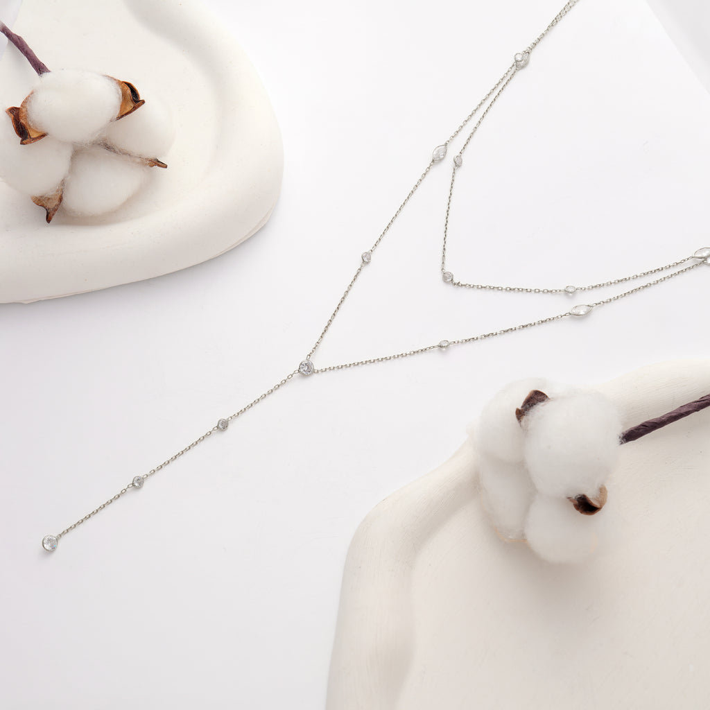 925 Sterling Silver Layered Lariat Necklace, White Color CZ Station Y-Necklace
