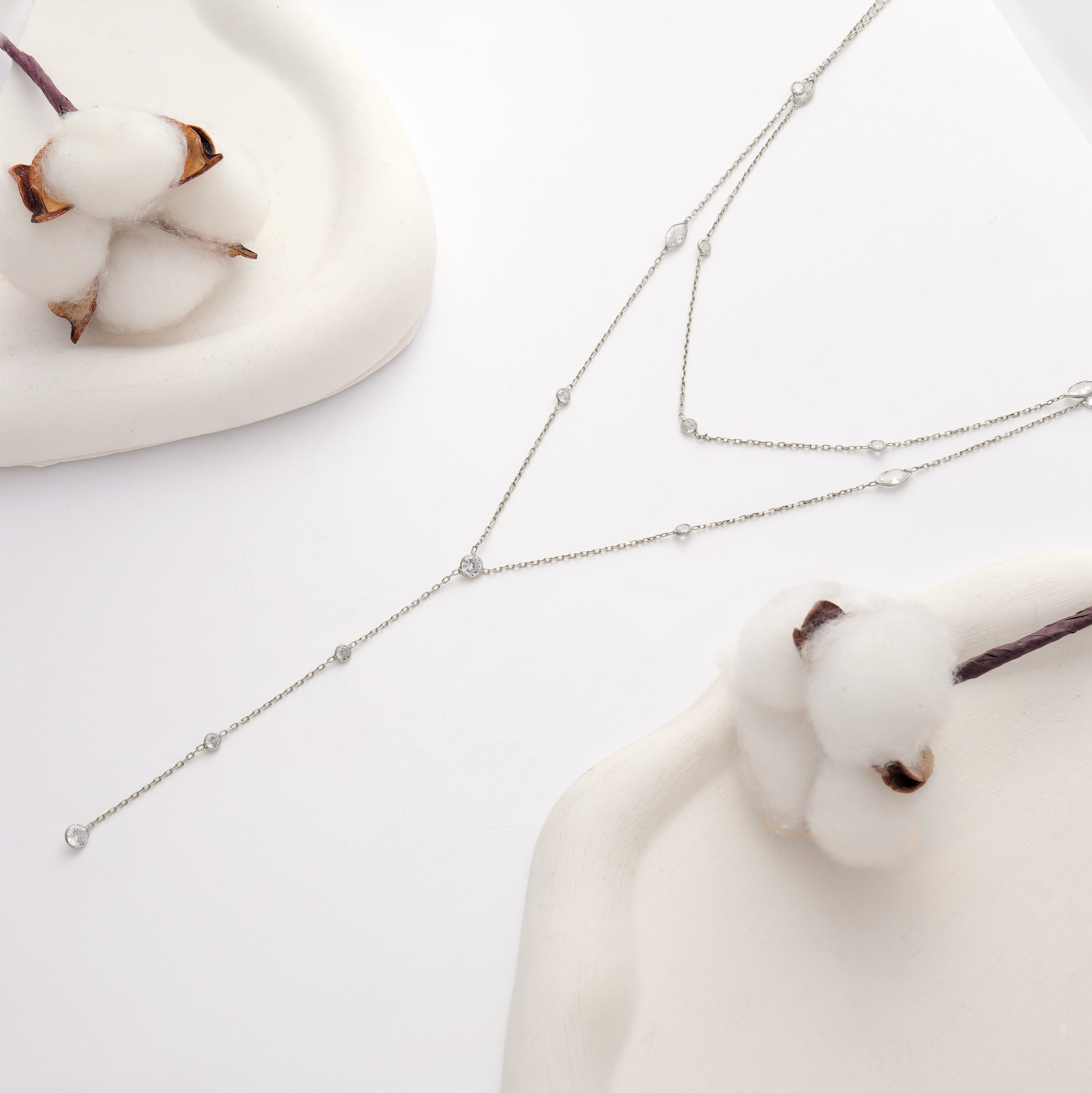 925 Sterling Silver Layered Lariat Necklace, White Color CZ Station Y-Necklace