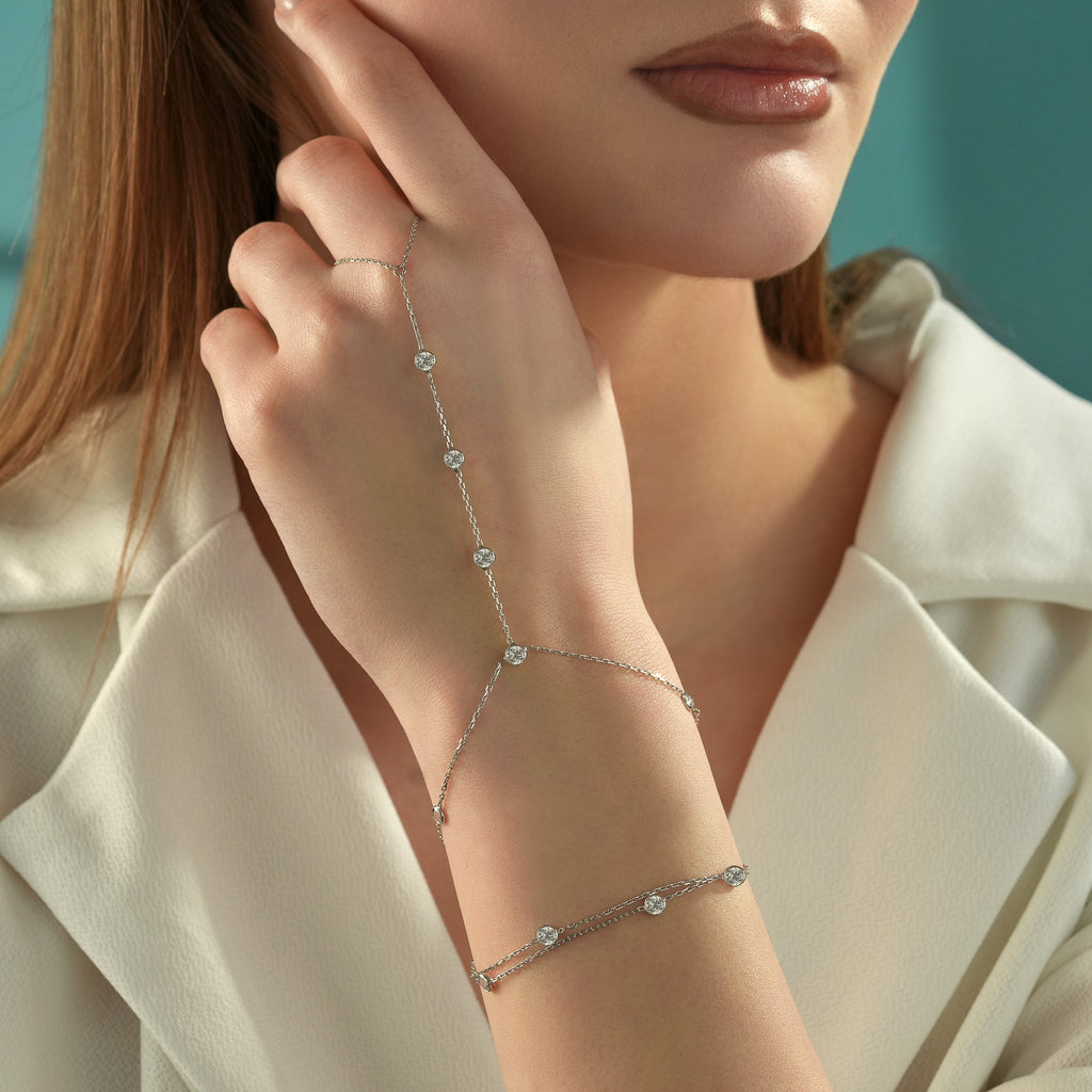 925 Sterling Silver Hand Chain Bracelet, White Color CZ Ring Bracelet