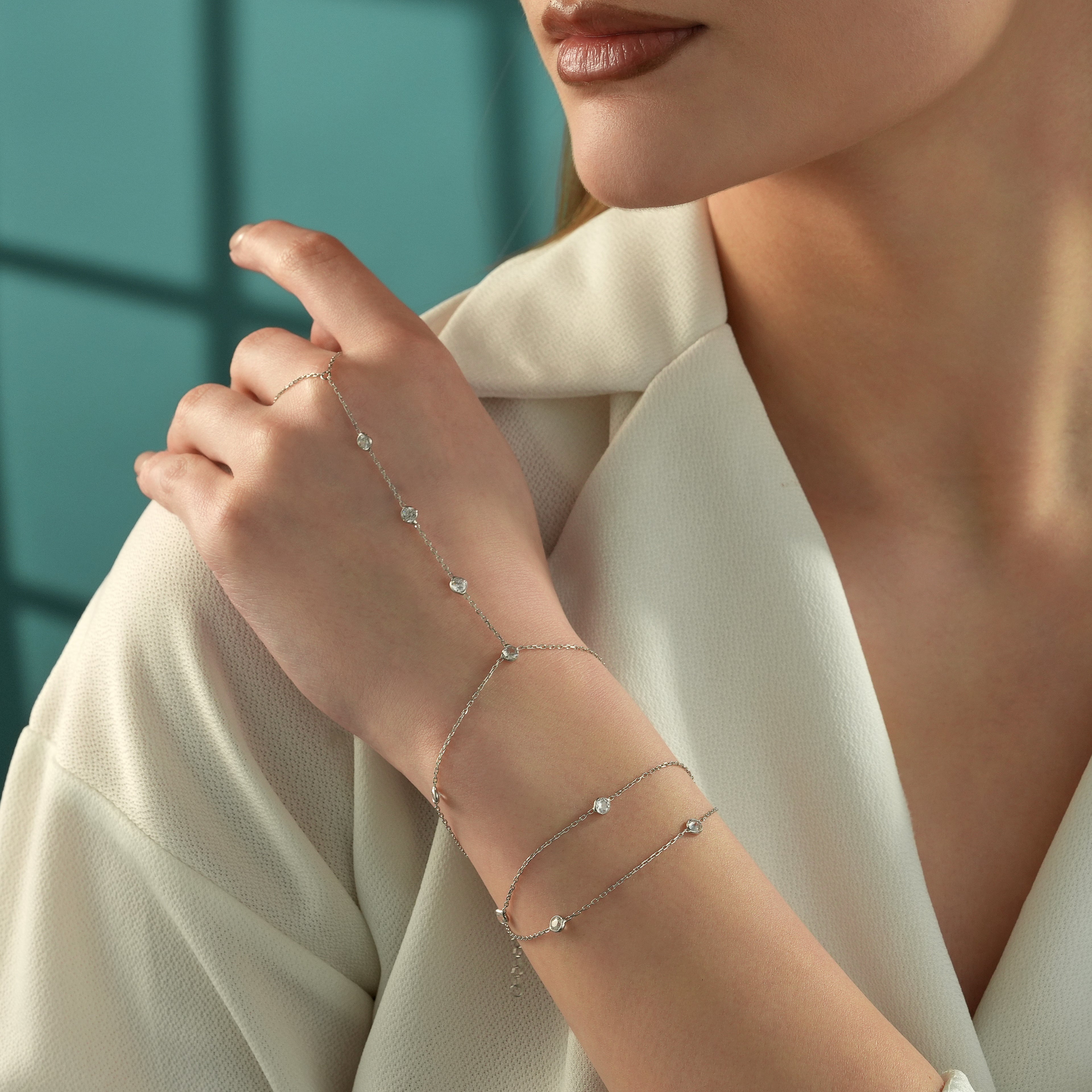 925 Sterling Silver Hand Chain Bracelet, White Color CZ Ring Bracelet