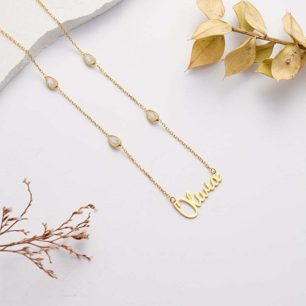 14K Gold Plated Custom Name Necklace, Personalized Script Necklace with Emerald Color CZ, 925 Sterling Silver