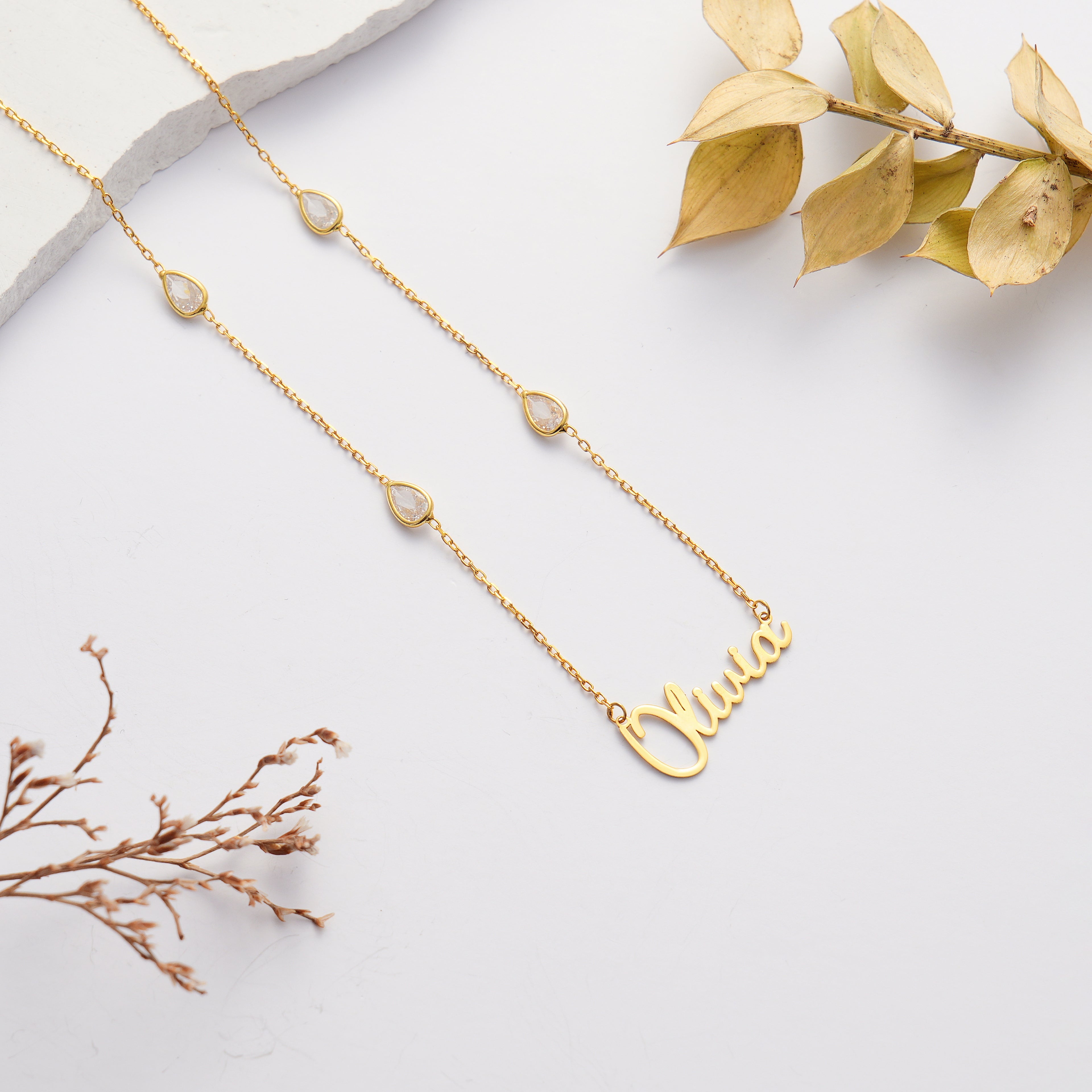 14K Gold Plated Custom Name Necklace, Personalized Script Necklace with Emerald Color CZ, 925 Sterling Silver